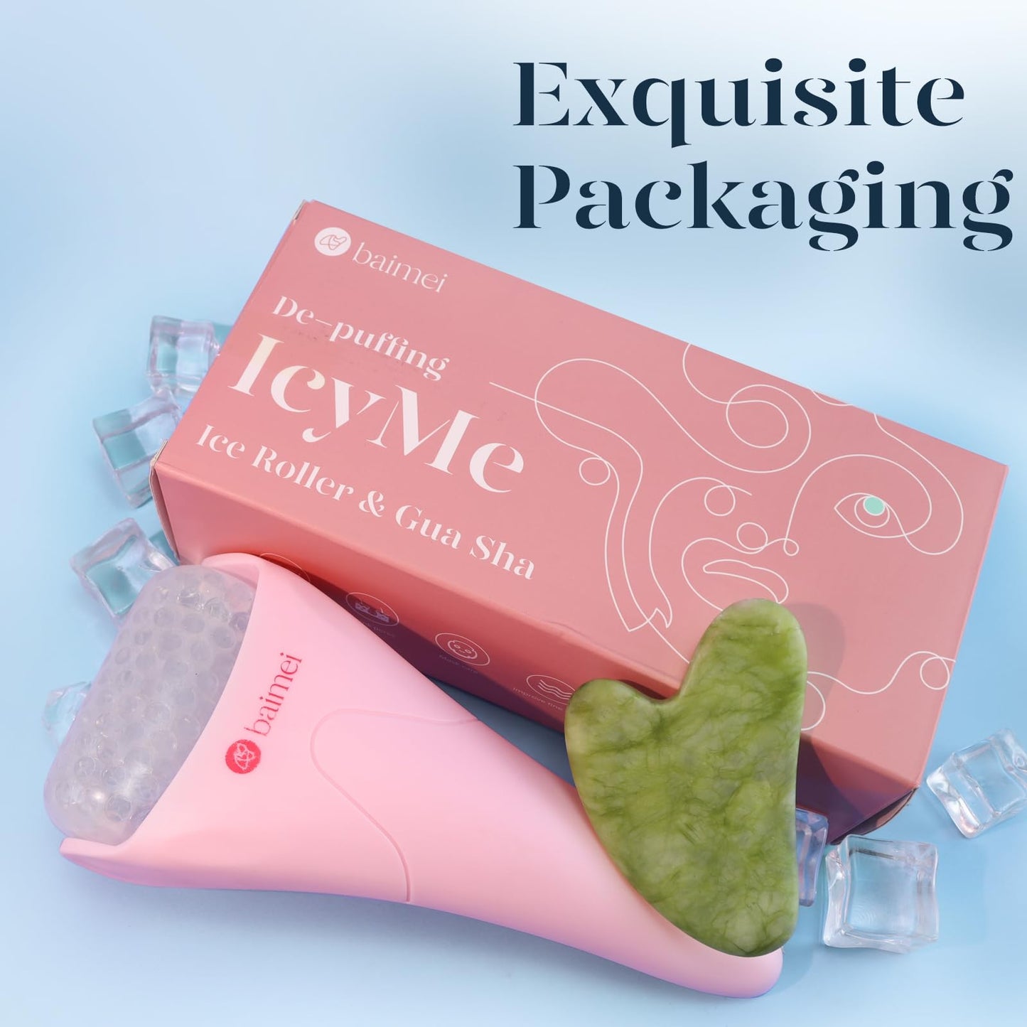 BAIMEI IcyMe Ice Roller for Face and Gua Sha Facial Tool Set, Ice Face Roller Reduces Puffiness Relieves Migraines Skin Care Tools, Self Care Gift for Women - Pink - Medaid International