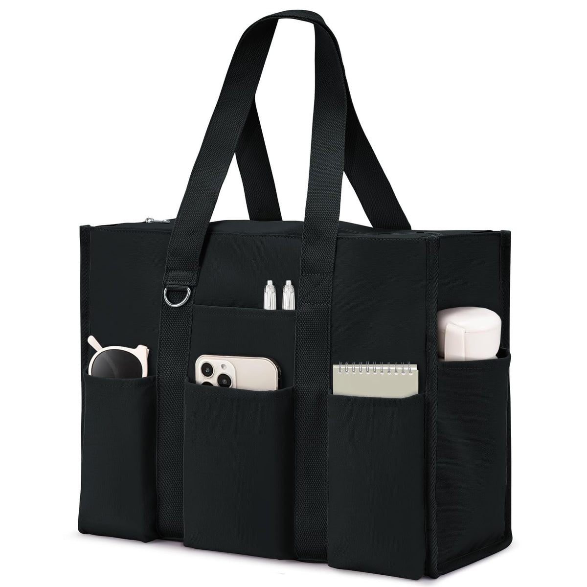 TERRIFI Large Tote Bag for Women, Waterproof with 12 Pockets Top Zipper Closure, Versatile Travel Shoulder Bag, Utility Teacher Nurse Bag for Work School (Black)