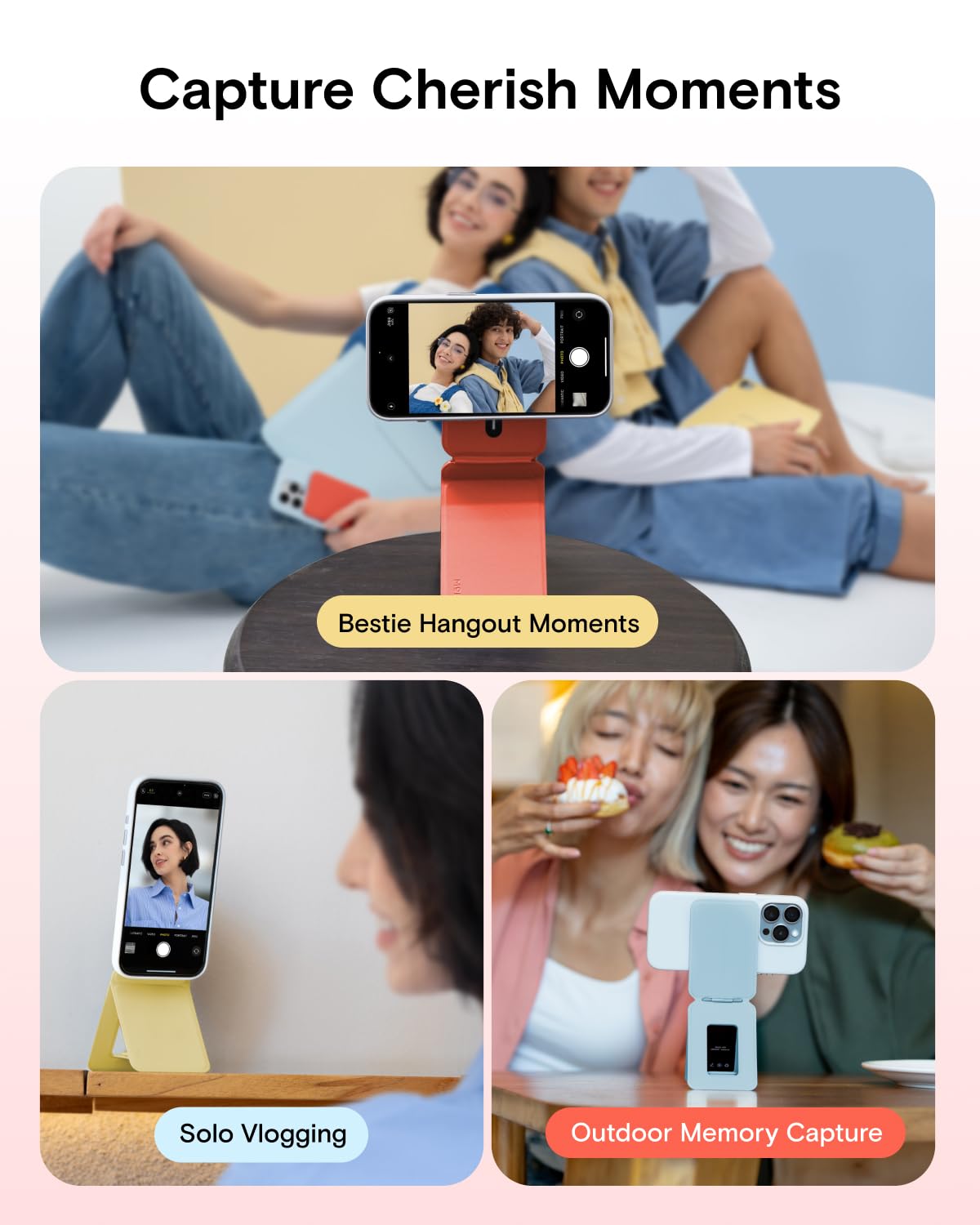MOFT Phone Tripod Stand Selfie Stick for iPhone, Multi-Angles iPhone Stand, Lightweight & Portable Phone Holder, Strong Magnets, MOVAS Vegan Leather, Travel Essentials, Panna Cotta (Without Card Slot) - Medaid International