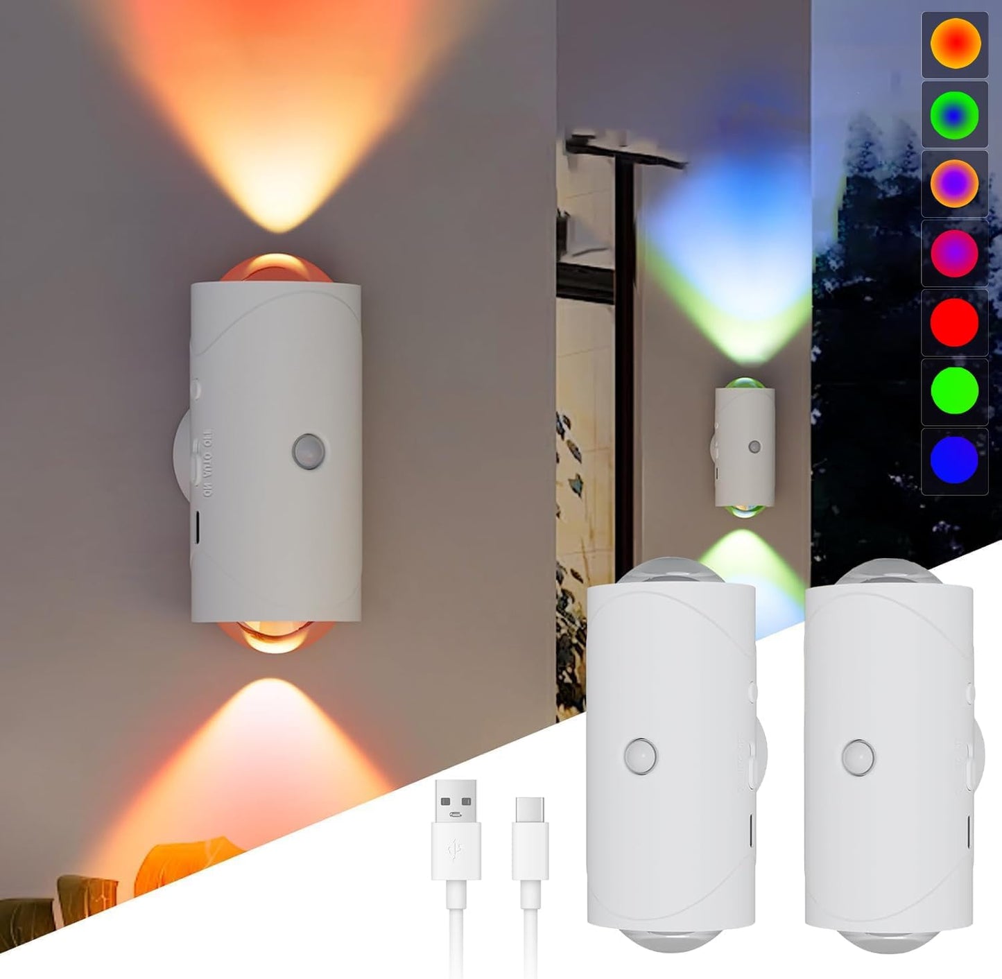 Set of 2 Wireless Wall Lamp with Motion Sensor and Switch