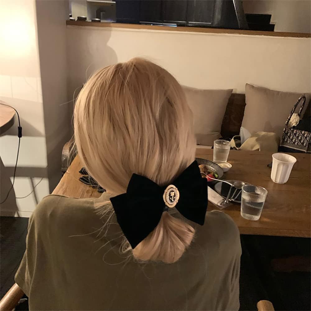 TERRIFI Velvet Hair Bows, Black Ribbon Clips, Ponytail Barrettes Accessories, for Women Girls Party Holiday Birthday Decoration Back to School Gifts 2 pcs