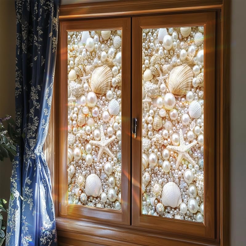 Window Film 17.3 x 39.3 Inch Decorative Seashell Pearl Starfish Privacy Glass Sticker Ocean Theme Self Adhesive Removable Window Covering for Bathroom Kitchen Door Coastal Home Décor - Medaid International