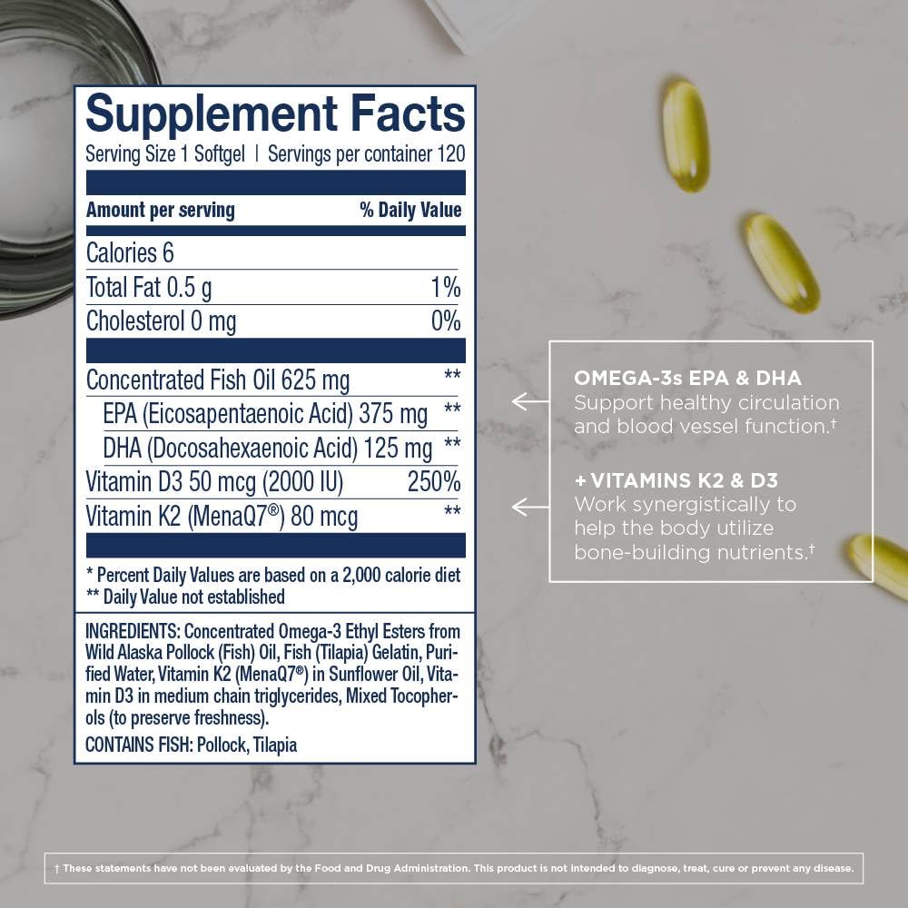 Wiley's Finest Wild Alaskan Fish Oil Vitamin K2 & D3 Softgels - 500mg of EPA and DHA Omega-3s for Bone and Heart Health Support - 120 Softgels (120 Servings) - Medaid International