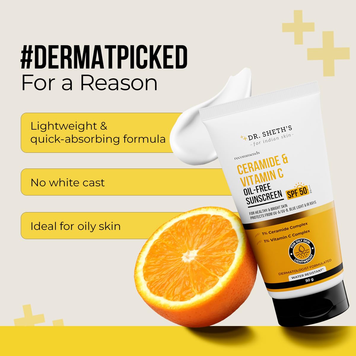Dr. Sheth's Ceramide & Vitamin C Oil-Free Sunscreen SPF 50+ PA++++ | Non Greasy | For Oily Skin | For Men & Women | 50 g - Medaid International