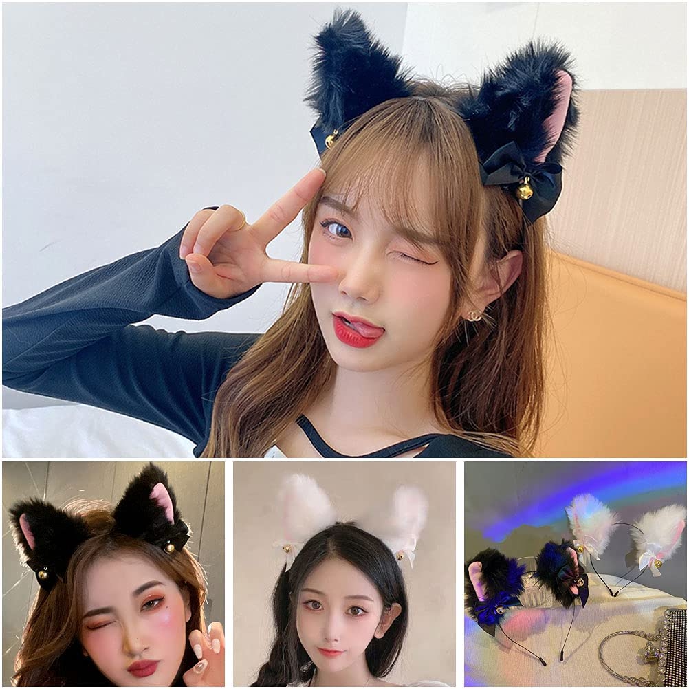 Terrifi Cat Ears Hair Band, Cute Fox Faux Fur Ear Cosplay Hairband With Bells Clip Hoop Accessories For Halloween Costume Party 2 Pcs