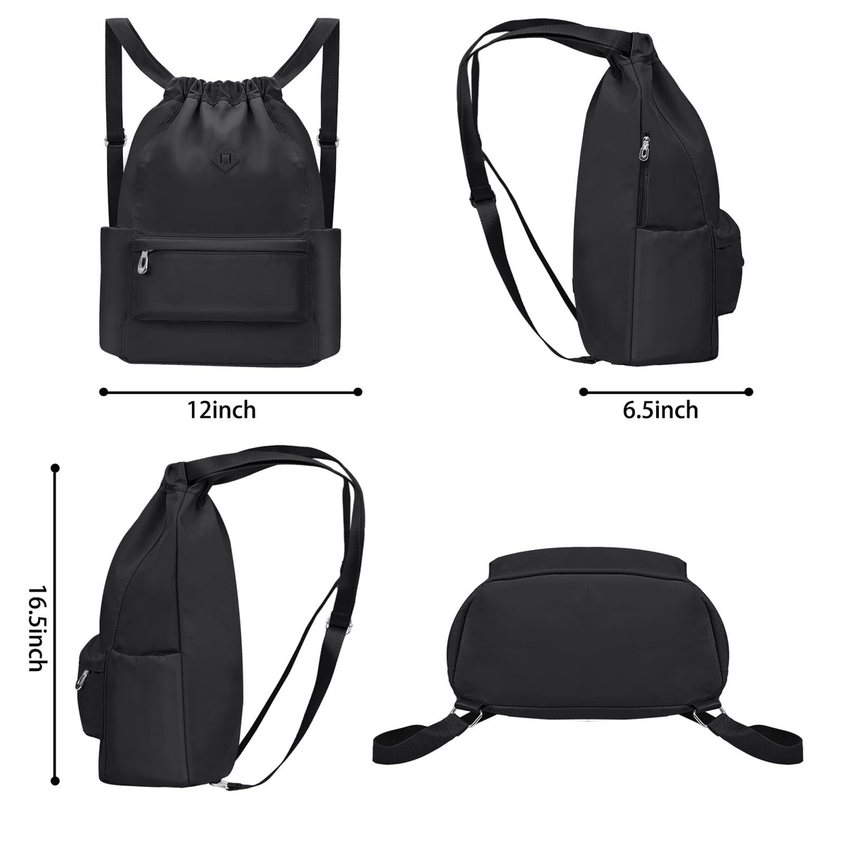 TERRIFI Drawstring Backpack for Gym Sports Travel & Daily Use, Waterproof Cinch Bag with Wet Pocket, Adjustable Pull String Sack for Men Women (Black)
