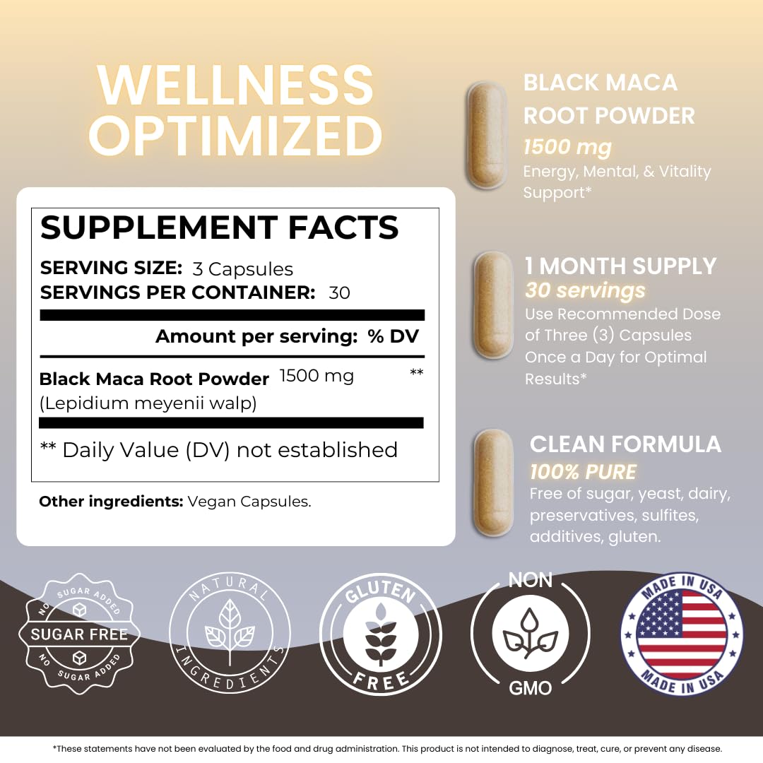 Nutra Guru Black Maca Root Supplement - 90 Vegan Maca Root Capsules for Energy Support, Mood Balance, Mental Focus, Memory Enhancement - Medaid International