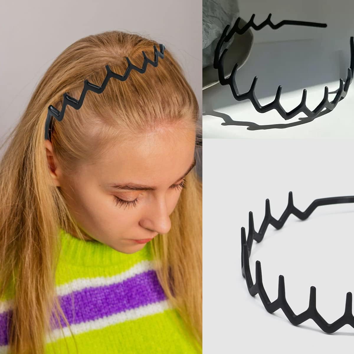 KASTWAVE Fashion No Slip Effortless Plastic Headbands, Teeth Comb Black Skinny Hair Bands for Women Men Teen Girls, Matte Black (8PCS)