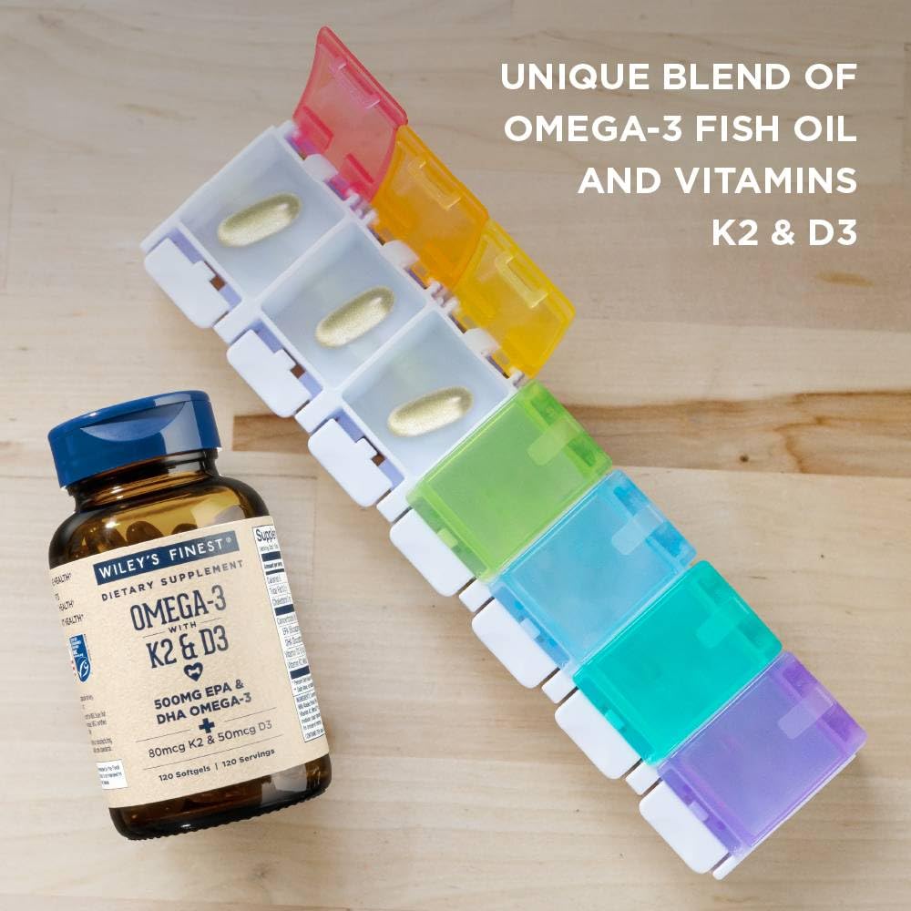 Wiley's Finest Wild Alaskan Fish Oil Vitamin K2 & D3 Softgels - 500mg of EPA and DHA Omega-3s for Bone and Heart Health Support - 120 Softgels (120 Servings) - Medaid International