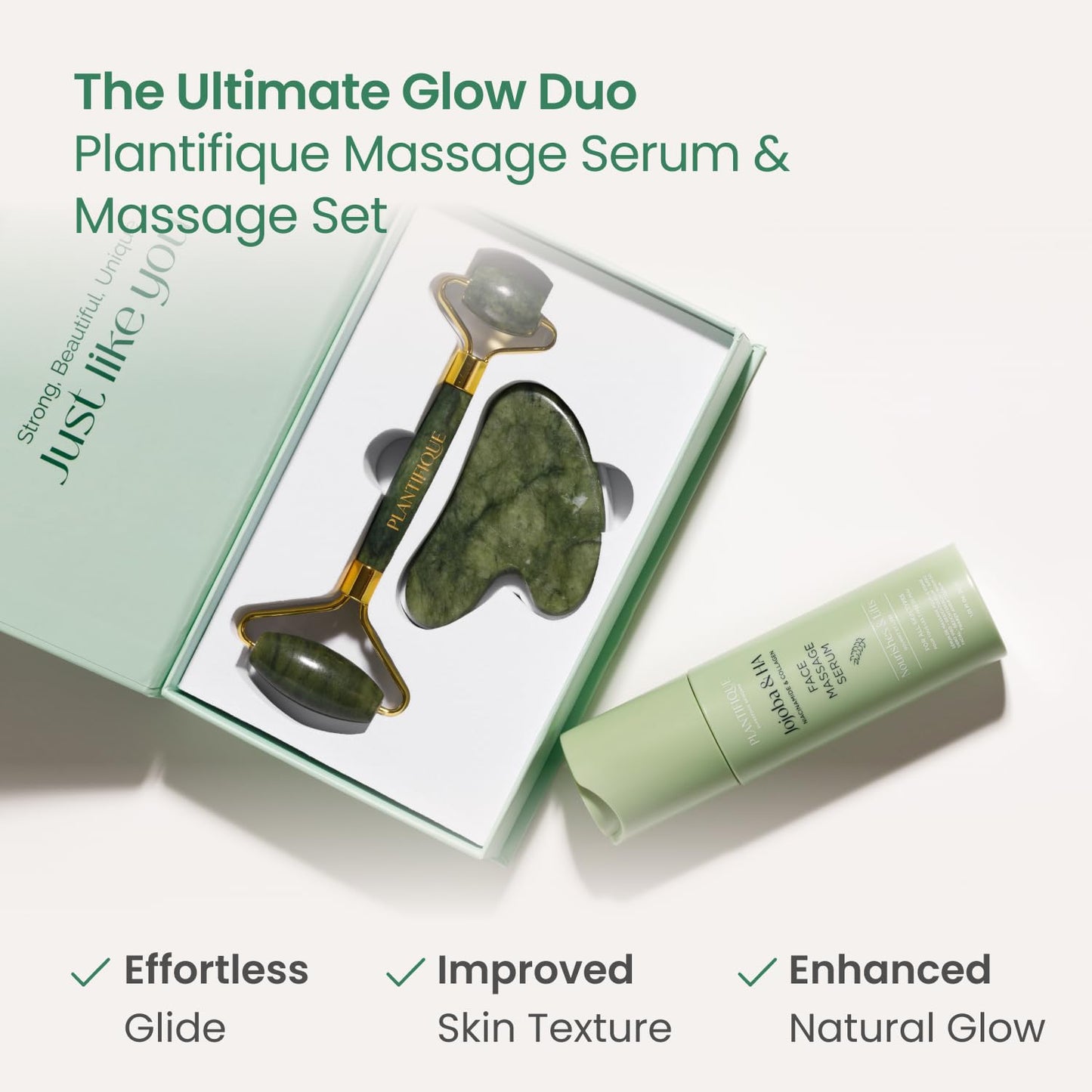 PLANTIFIQUE Jade Roller & Gua Sha Set – Real Jade Facial Tools for Skin Care Routine – Certified Face Massager for Radiant Skin - Medaid International