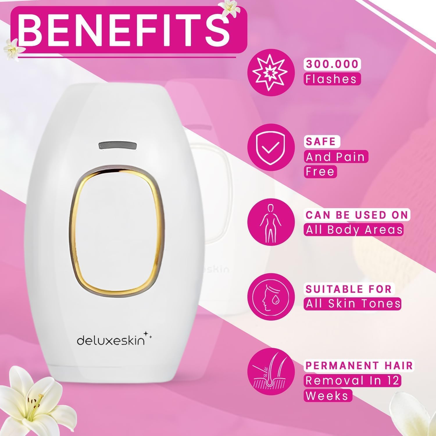 Deluxeskin Laser Hair Removal At Home - IPL Hair Remover Device | Facial Hair Removal Handset | Skincare of Bikini, Legs, Arms, Face, Upper Lips - Medaid International
