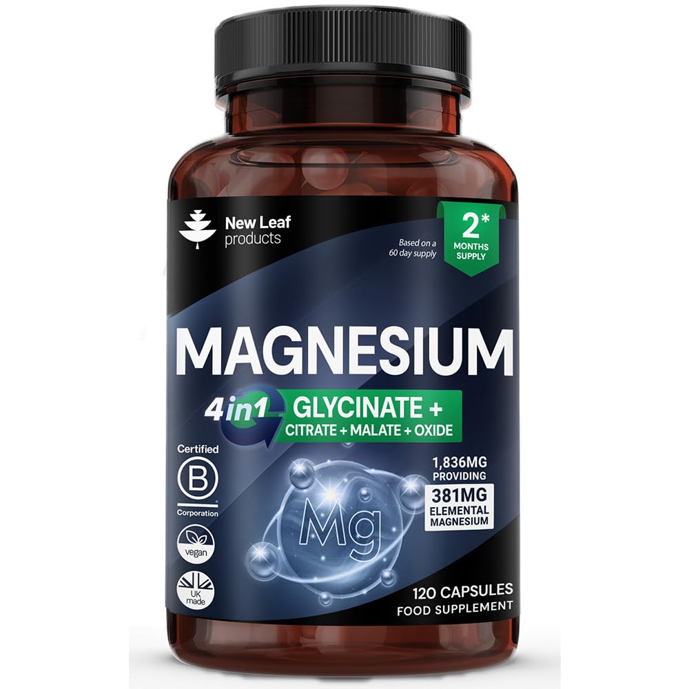 Magnesium Glycinate 4-in-1 Complex 2000mg - 449mg Elemental Magnesium High Strength Magnesium Supplements - Magnesium Bisglycinate,Citrate, Malate, Oxide - 120 Capsules - Vegan UK Made by New Leaf - Medaid International