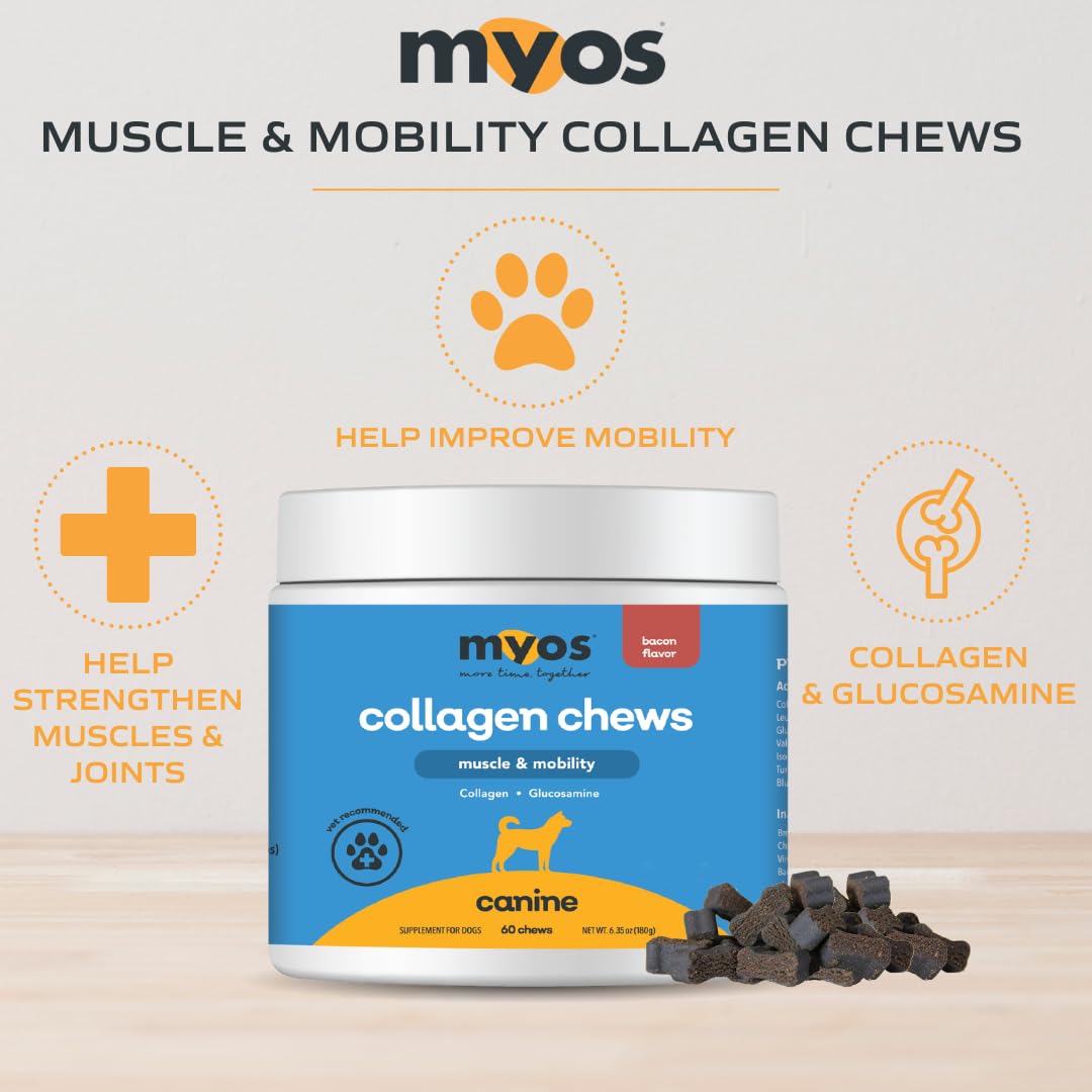 MYOS Canine Muscle & Joint Support Bundle – Fortetropin Powder with Green Lipped Mussel (396g) + Bacon-Flavored Mobility Chews with Collagen & Glucosamine (60 Count) - Medaid International