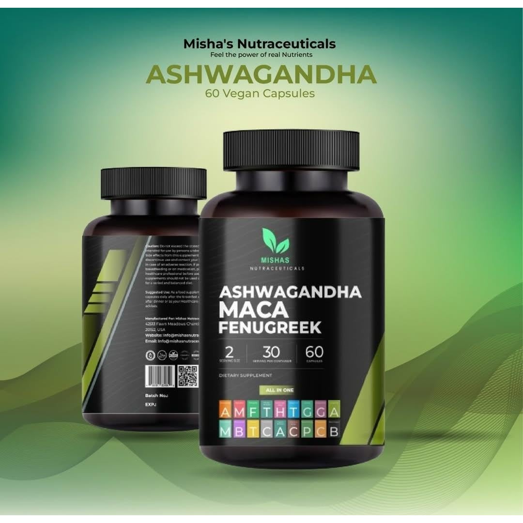 Mishas Nutraceuticals Ashwagandha, Maca Root, Fenugreek Supplement with Ginseng – Supports Stress Relief, Mood Balance & Thyroid Health – 60 Capsules - Medaid International