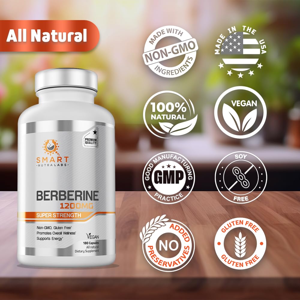Smart Nutra Labs Premium Berberine HCL 1200mg- 180 Vegan Capsules, 100% Pure Berberine Supplement- Non-GMO, Gluten Free - Medaid International