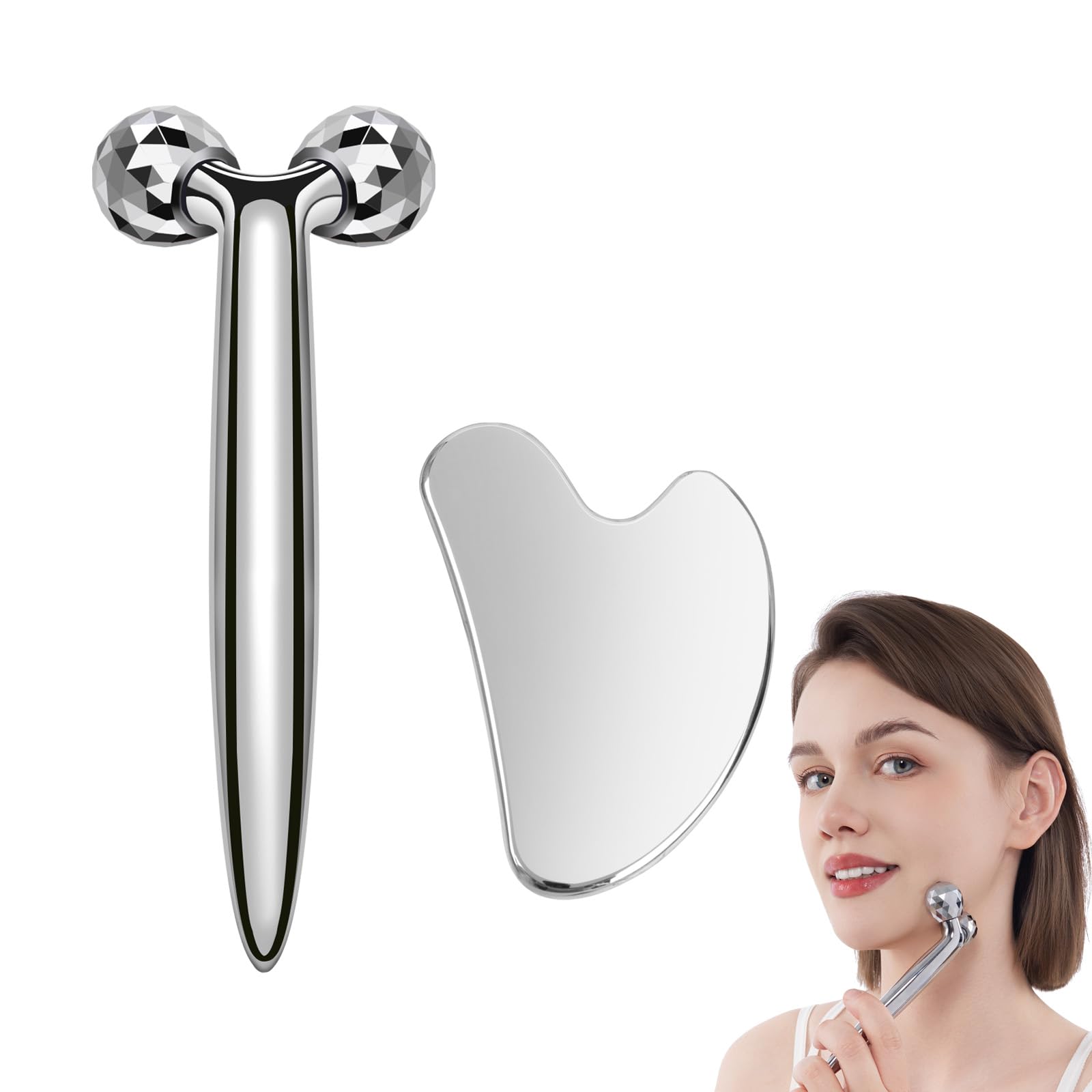 InfiniteRelax 3D Gua Sha Facial Tools Metal Face Roller Stainless Steel Gua Sha Set Cooling Massage Tools for Reduce Puffiness, Firm Skin, Anti-Aging Care - Daily Facial Sculpting Gift for Women - Medaid International