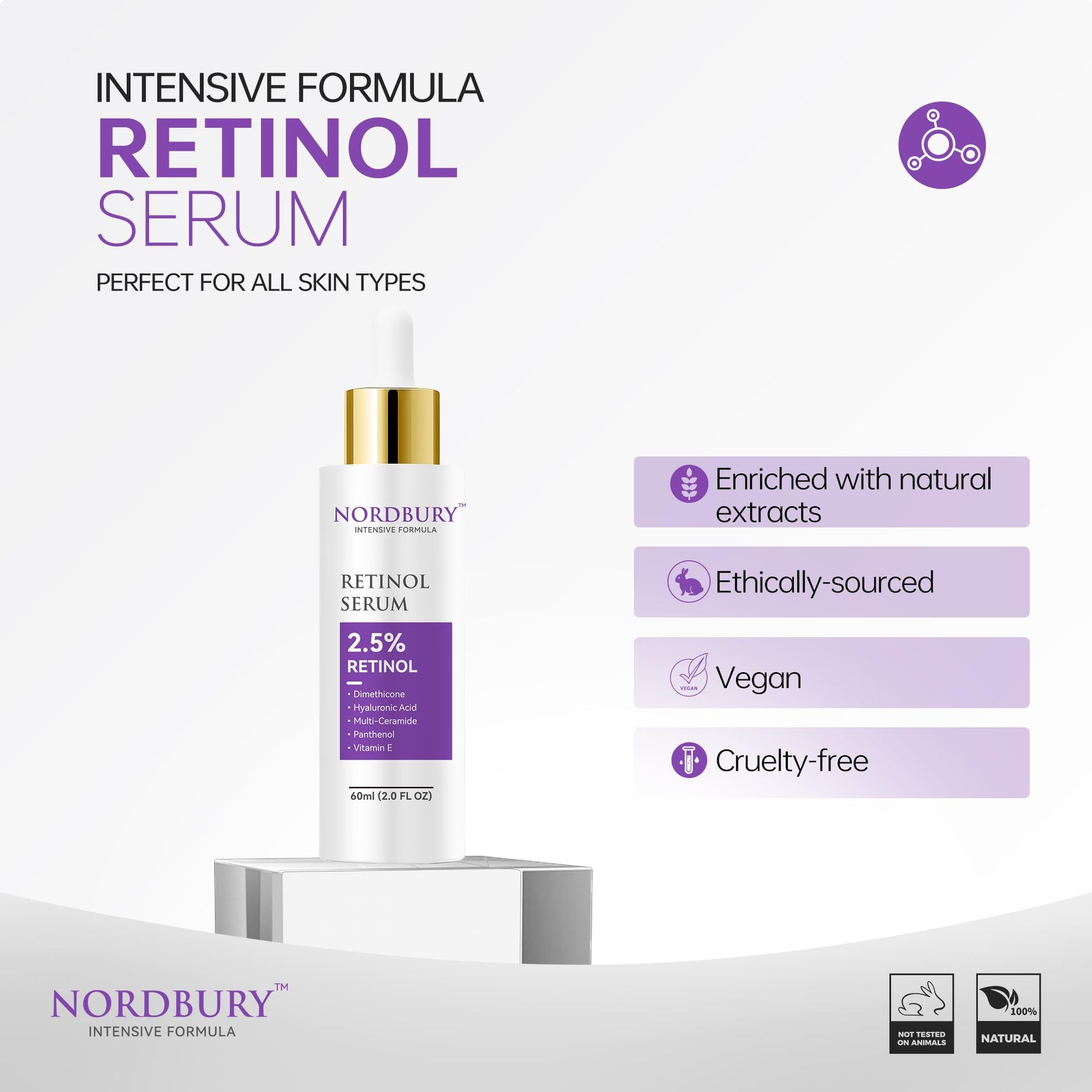 NORDBURY Retinol Serum, 2.5% Retinol with Vitamin E Ceramide Hyaluronic Acid & Organic Aloe Vera, Smooth Fine Lines Reduce Wrinkles and Improve Texture Skin Renewal Actively Night & Day, 60ml - Medaid International