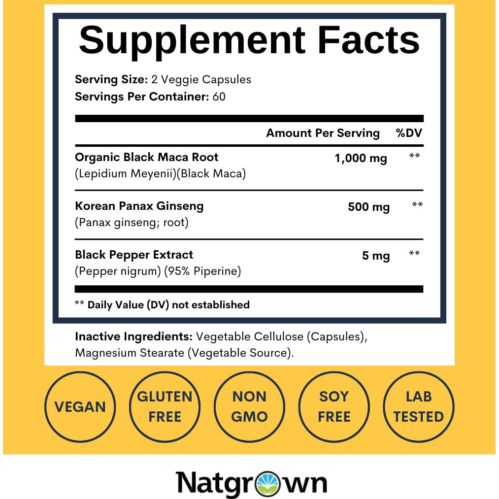 Natgrown Black Maca Root + Panax Ginseng Powder Capsules 1500 mg with Black Peruvian Maca Root & Korean Panax Ginseng Supplement for Men and Women - Vegan Pills (120 Count) - Medaid International
