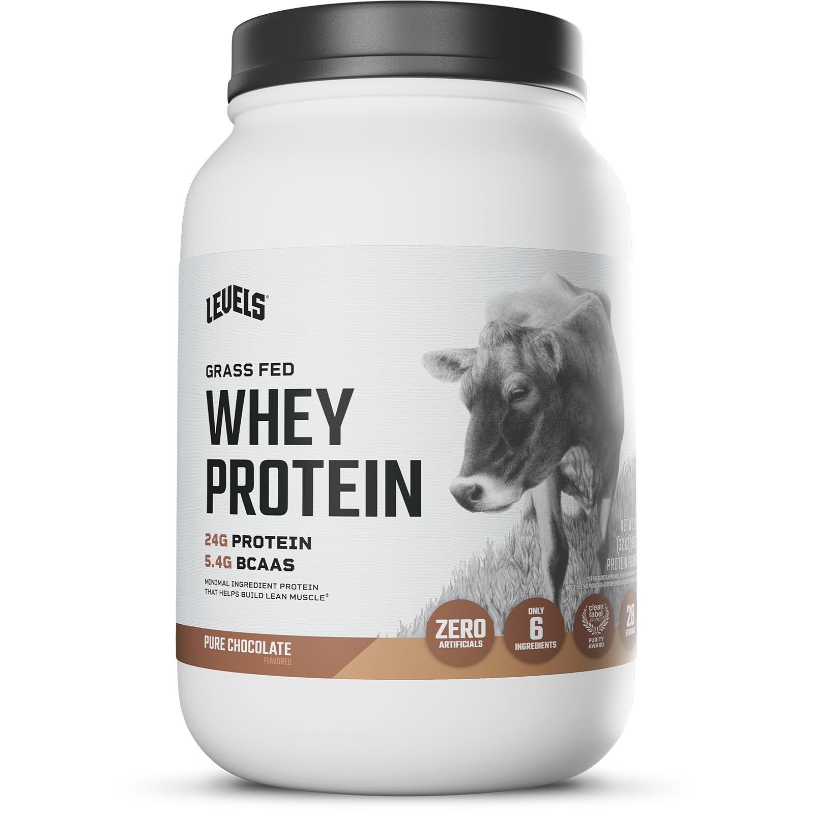 Levels Grass Fed Whey Protein Powder, No Artificials, 24G of Protein, Pure Chocolate, 2LB - Medaid International