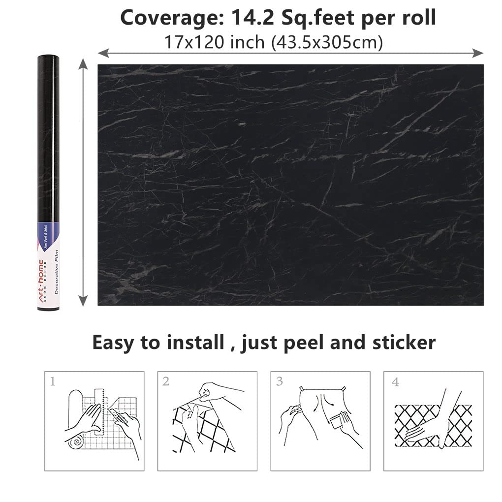 Arthome Black Marble,17"x120" Inches Peel and Stick Wallpaper, Black Marble Contact Paper Self-Adhesive and Removable Vinyl Wallpaper Waterproof Contact Paper for Cabinets Countertops Wall Covering - Medaid International