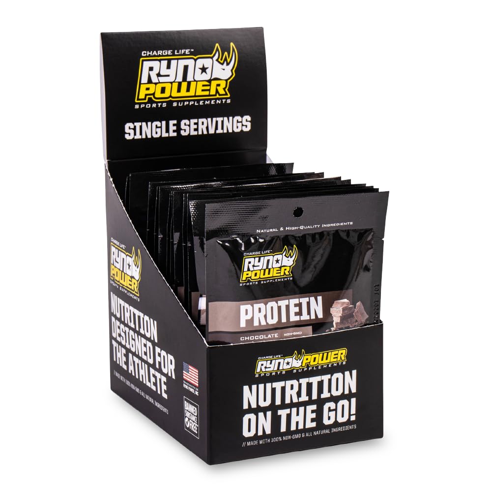 Ryno Power All Natural Whey Protein Singles Caddy (12 Servings) 'Chocolate' - 100% Whey Protein Blend & No Fillers - Non GMO - Medaid International