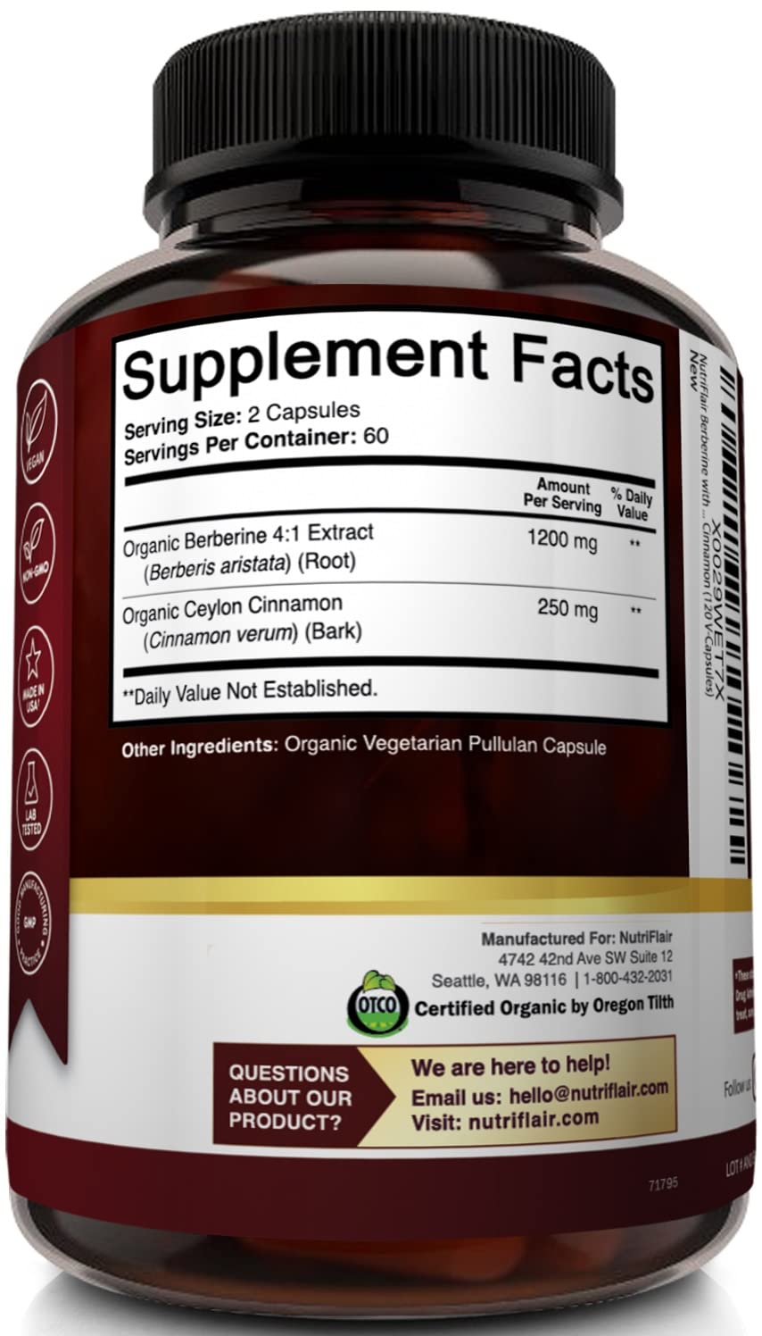 NutriFlair Berberine with Ceylon Cinnamon 1450mg Supplement – 120 Capsules | High Potency Formula with Berberine HCl & Organic Ceylon Cinnamon | Non-GMO, Vegan, Gluten-Free - Medaid International