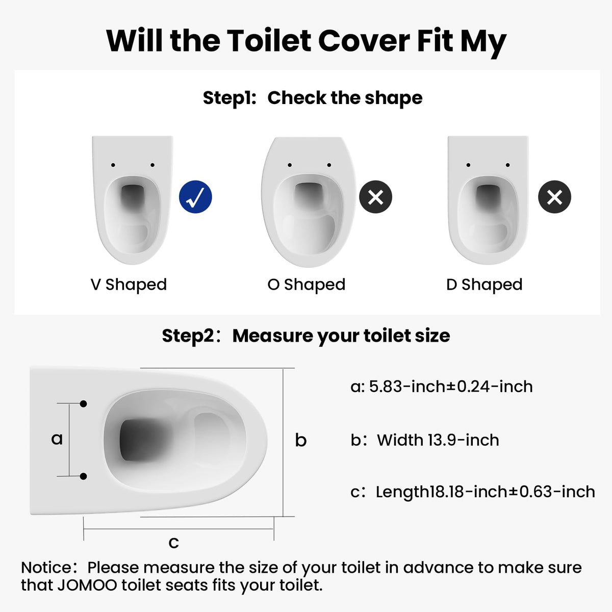 JOMOO Toilet Seat, Slow Close Removable PP Toilet Seat Cover, Quick-Release Hinges with Grip-Tight Bumpers, Easy Clean, Ergonomic Comfort Toilet Seat Lid (V Shape)