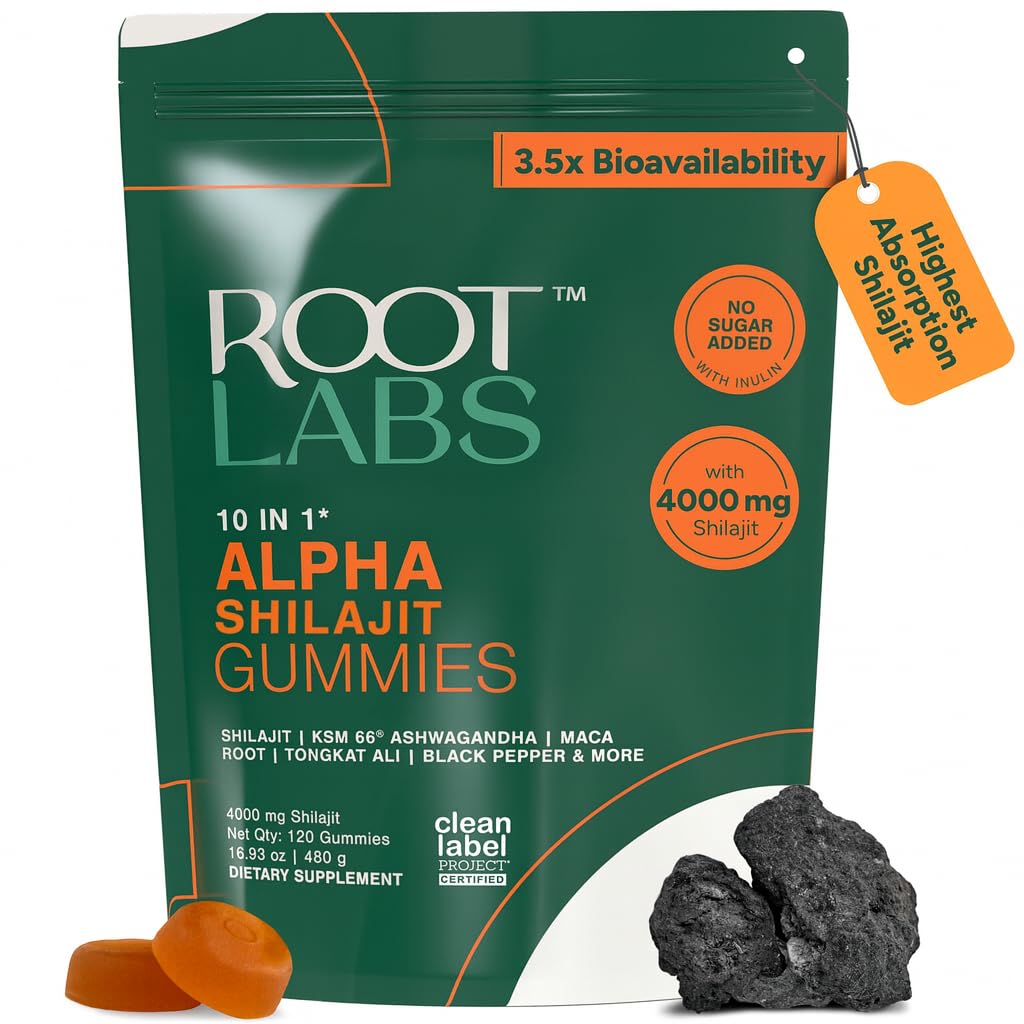 ROOT LABS 10-in-1 Alpha Shilajit Gummies | 4000 mg Pure Himalayan Shilajit, Tongkat Ali, Maca Root, 75% Fulvic Acid | ShilAbsorb Bioavailability Tech | Sugar-Free Vegan, 85+ Trace Minerals | 120 Pack - Medaid International