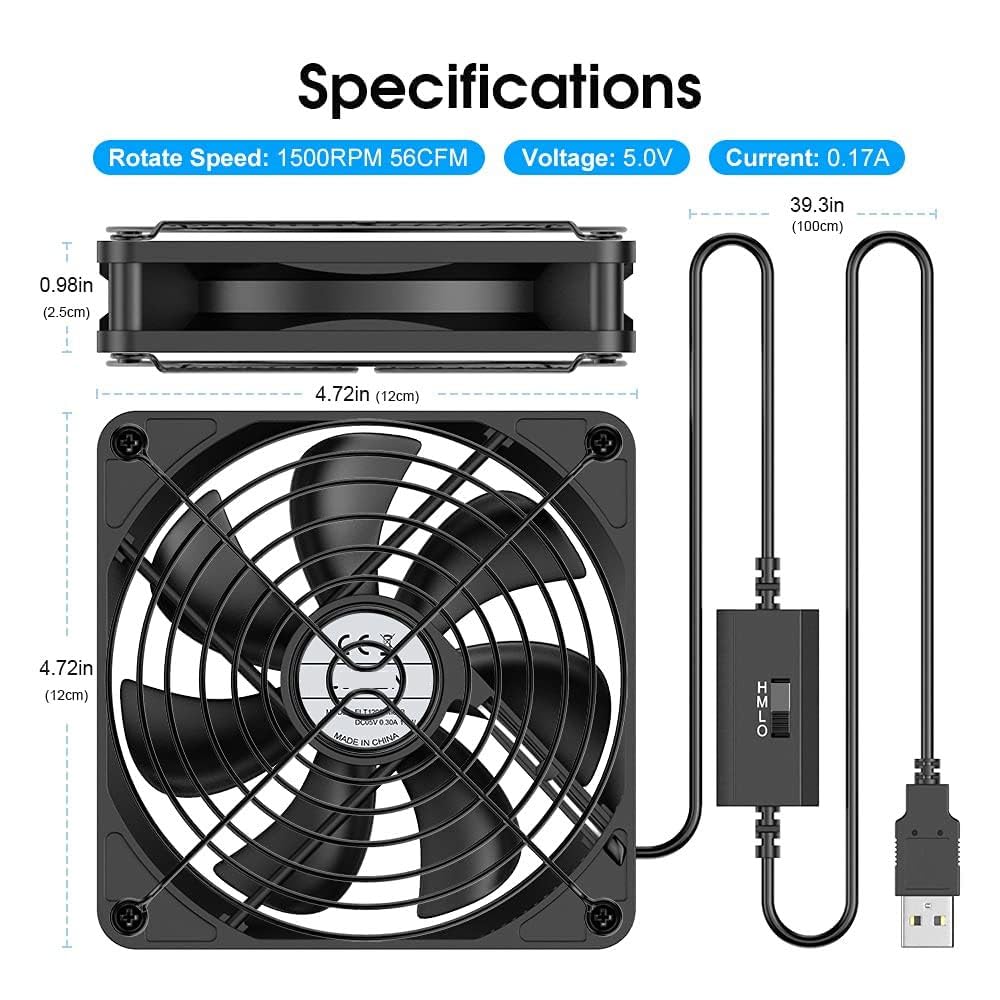 TERRIFI PC Fans 120mm 5V Cooling Fan 3-Degree Speed Switch Portable Home Office Fans Metal USB Powered Cooling Fan for Laptop/TV Box/AV cabint/PS4/Router (120 mm)