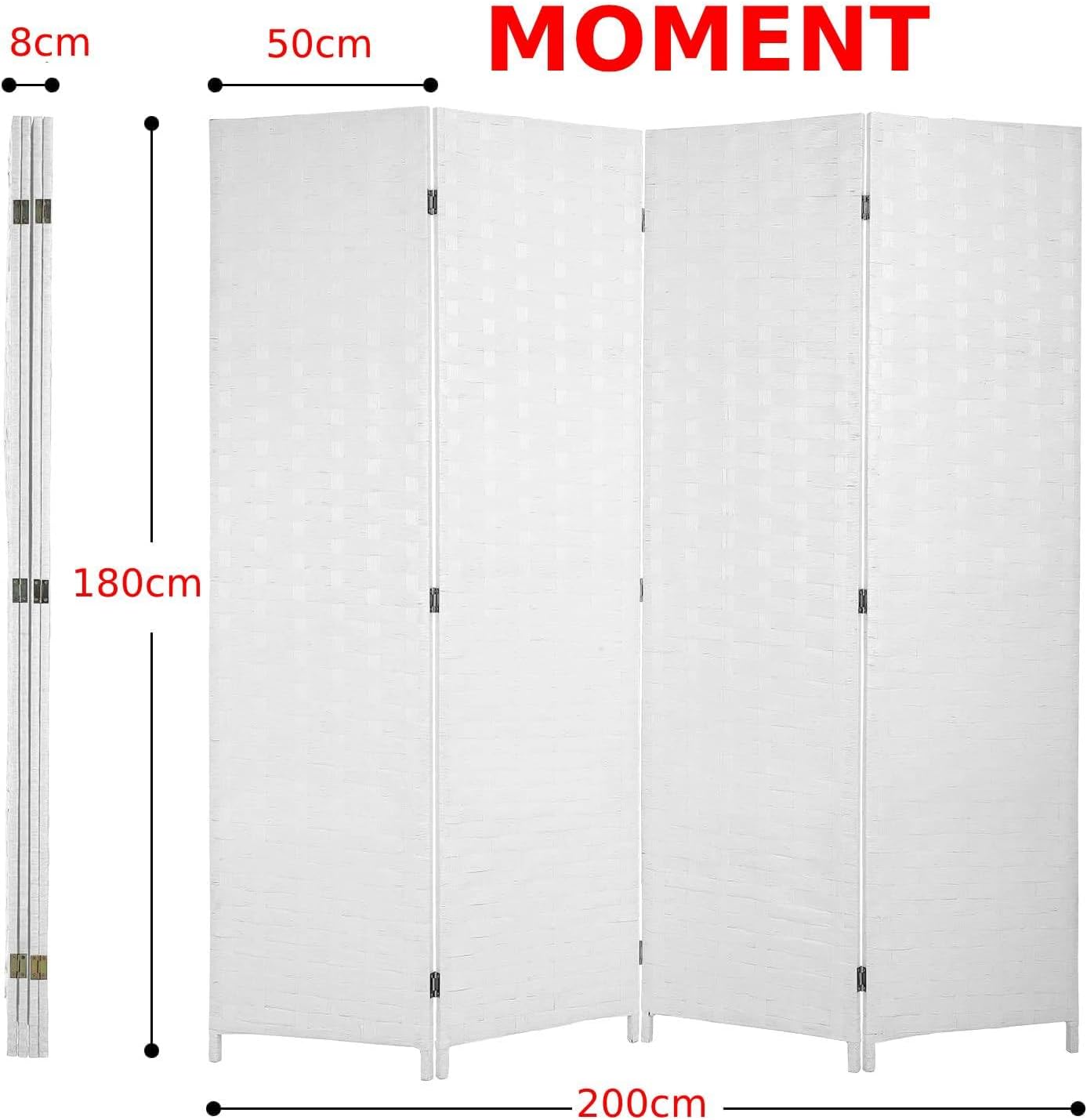 MOMENT Foldable Room Divider 4 Panel, [200 x 180cm] Movable Stretch Fully Hand-woven Privacy Screens Partition Seperating Wall for Office, Bedroom, Living Room, Hotel Room (White)