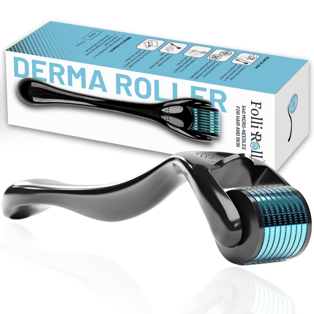 FolliRoll Derma Roller - 540 Microneedles for HAIR, BEARD & SKIN | Microneedling Roller for Men and Women - for Face & Scalp Derma Stamp - FREE STORAGE CASE (Blue, 0.30mm) - Medaid International