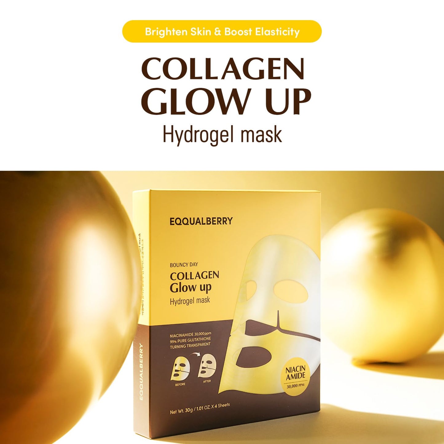 EQQUALBERRY Collagen Glow Up Mask - Niacinamide & Low Molecular Collagen for Brightening and Radiance Boosting | Korean Collagen Face Mask for Glass Skin, 4 Sheets, 1.01 OZ. - Medaid International