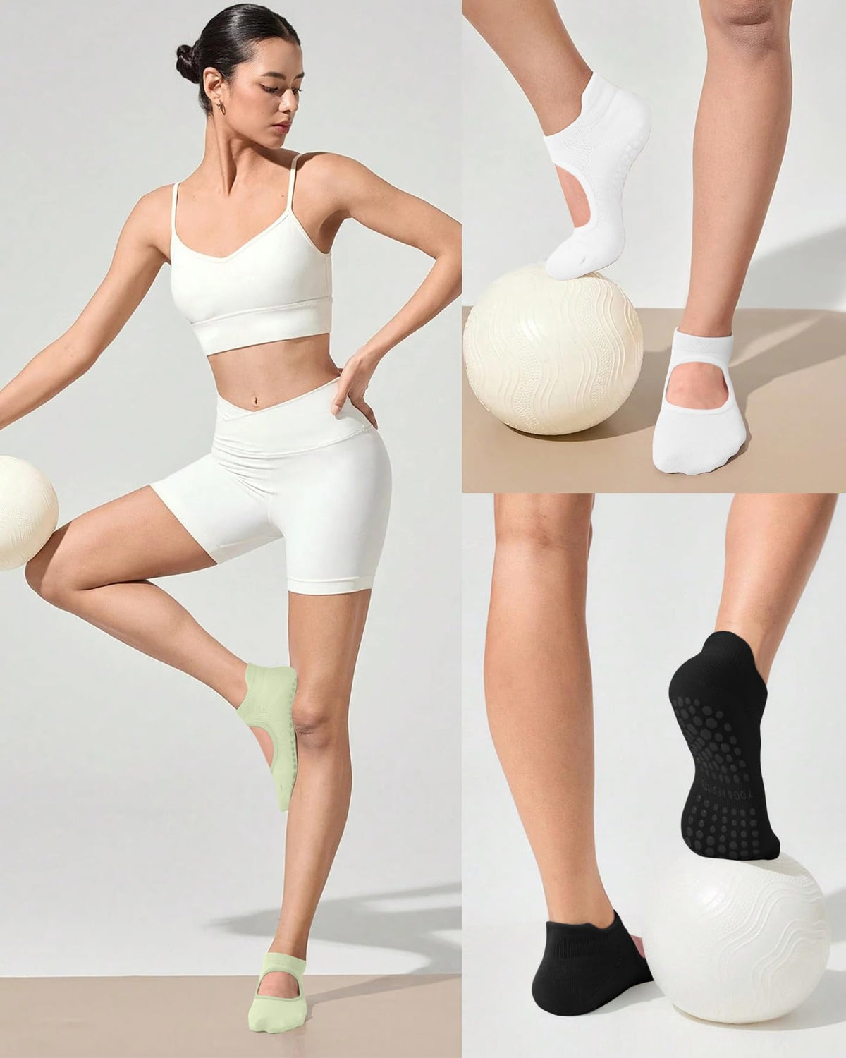 Pilates Grip Socks, 4 Pairs, Cotton Nylon, One Size 5.5-9