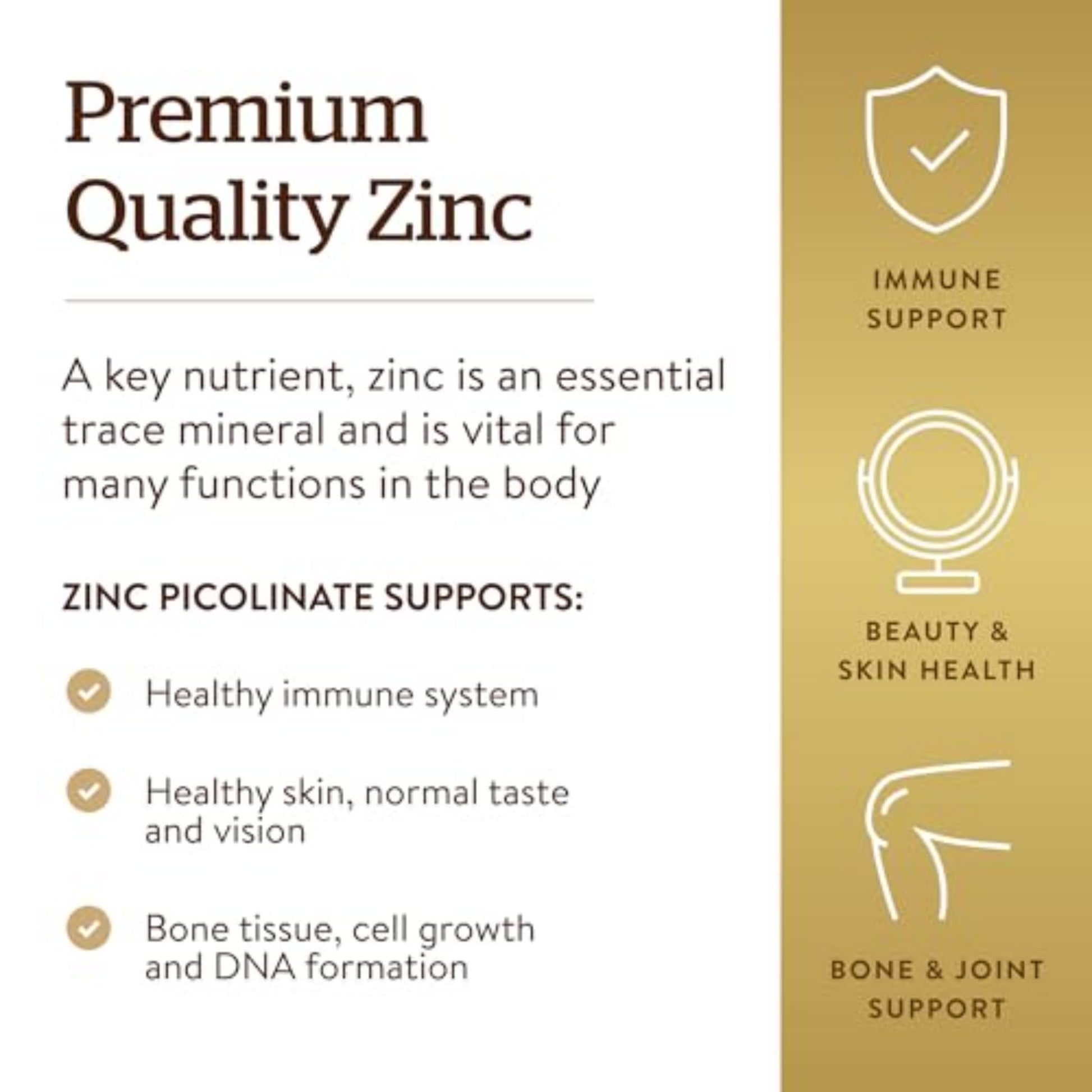 Solgar Zinc Picolinate 22 mg, 100 Tablets - Promotes Healthy Skin - Supports Immune System, Normal Taste & Vision - Antioxidant – Non-GMO, Vegan, Gluten Free, Kosher - 100 Servings - Medaid International