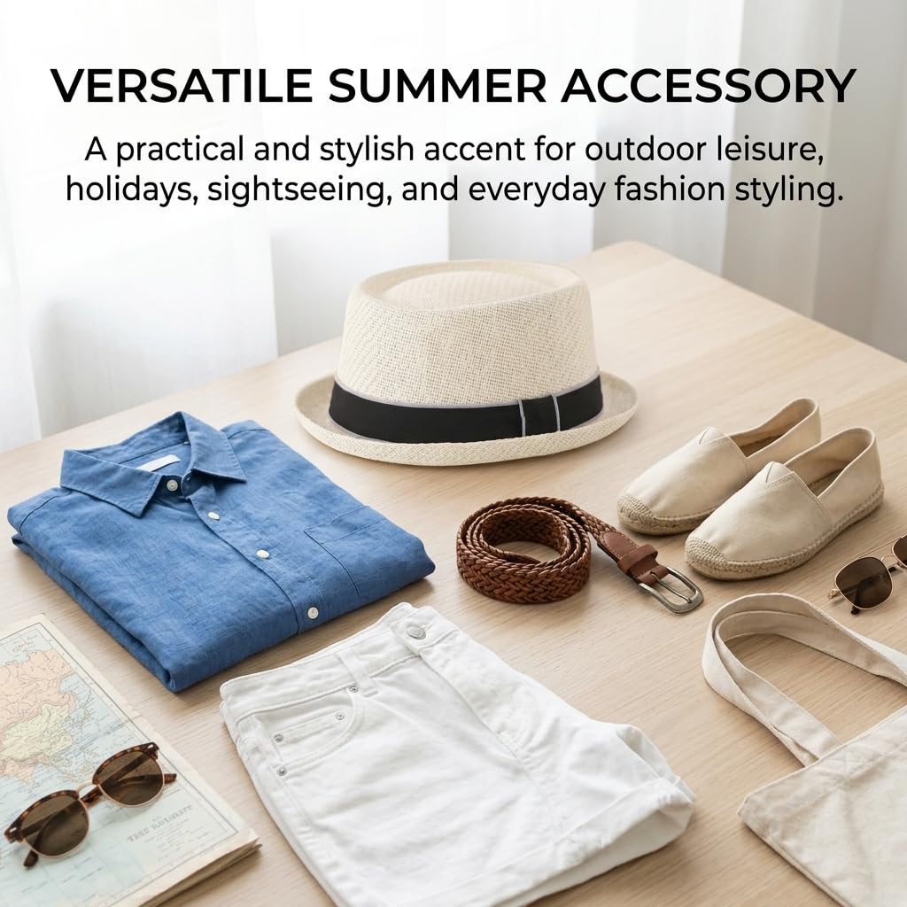 TERRIFI Sun Straw Fedora Hat, Breathable Wide Brim Roll Up Curly Straw Hat Casual Jazz Cap, Lightweight Comfort, Summer Outdoor Travel Beach Hat for Seasonal Wear Everyday Men Women