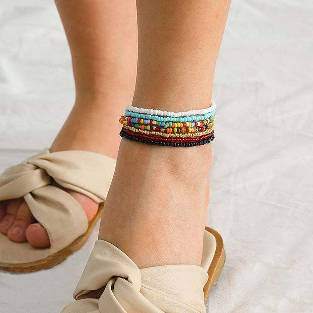 TERRIFI Multilayered Women Anklets, Beaded Elastic Foot Hand Chain Jewelry, Boho Colorful Ankle Bracelet Set (7Pcs)