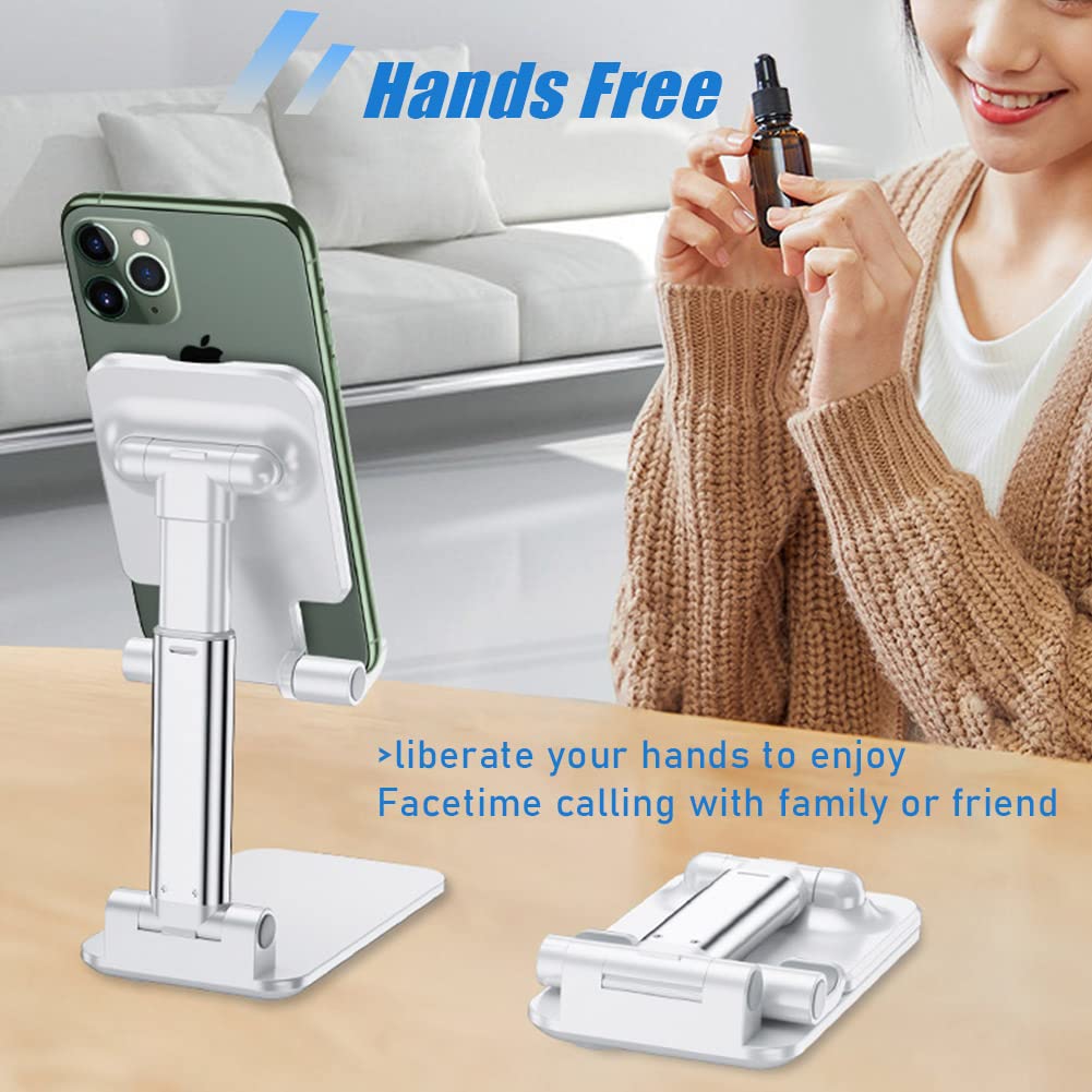 Cell Phone Stand, Angle Height Adjustable Cell Phone Holder with Silicon Pad for Desk Fully Forldable Mobile Phone Holder Compatible with All Mobile Phones, MT-6, (White) - Medaid International