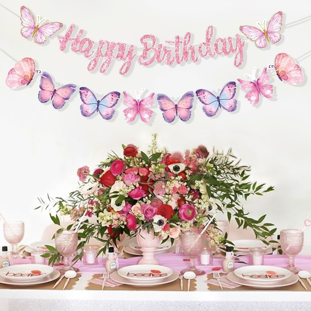 KASTWAVE Pink Butterfly Birthday Banner, 2 Pcs Birthday Party Decorations Set with Pre Strung Glitter Happy Birthday Banner, Butterfly String, Fade Resistant Butterflies Theme Party Supplies