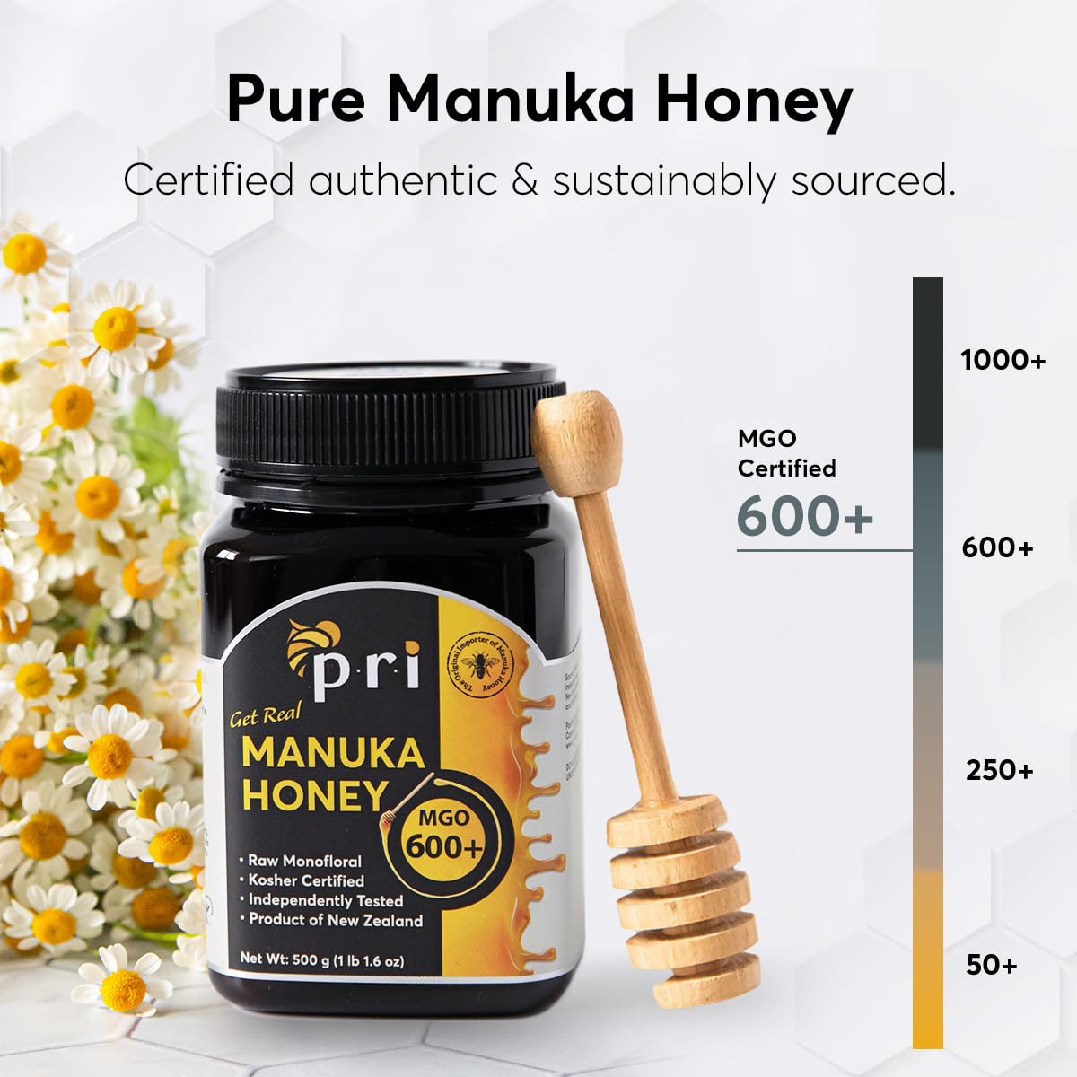 P.R.I Manuka Honey, MGO 600+, 1.1LB New Zealand Raw Monofloral Manuka Honey (500g) - Medaid International