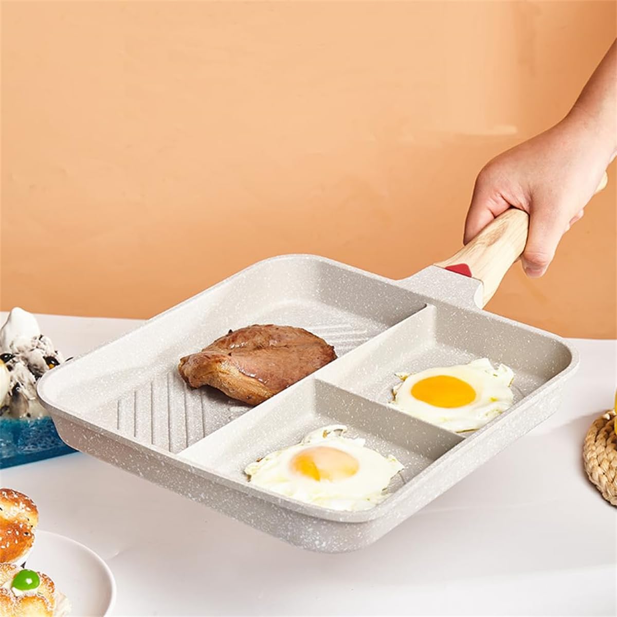 3-in-1 Divided Grill Pan, Nonstick Square Egg Skillet with Bakelite Handle, Induction Compatible