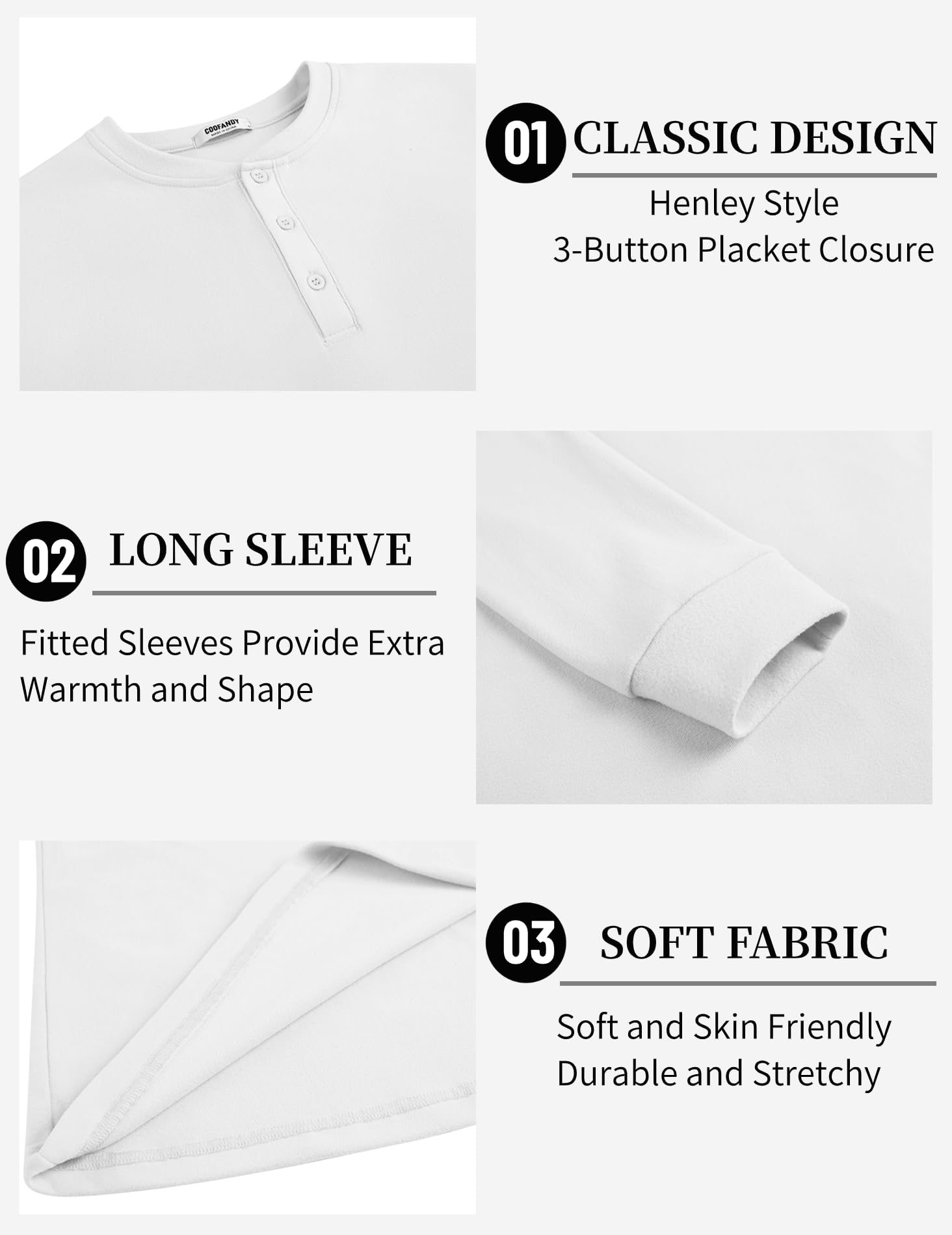 COOFANDY Men's Quarter Button T-Shirts Casual Long Sleeve Henleys Lightweight Pullover Basic Tees Fall Tops White - Medaid International