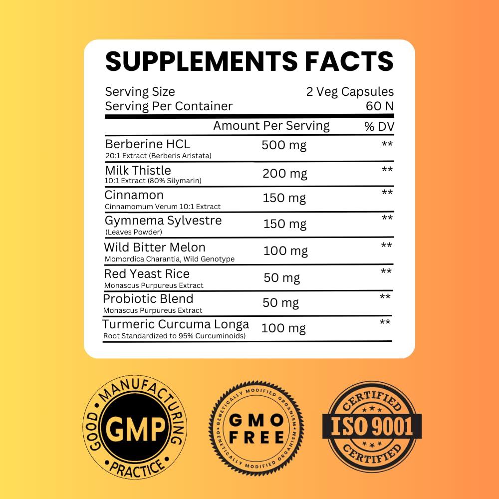 Berberine HCL Extract 1300mg with Milk Thistle, Ceylon Cinnamon, Gymnema Sylvestre & Turmeric - 60 Capsules - Medaid International