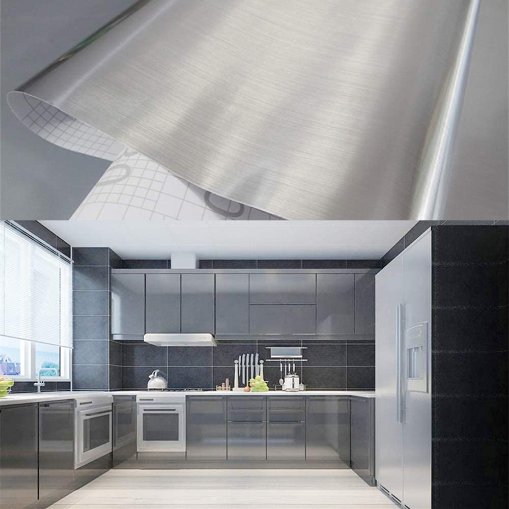 Silver Stainless Steel Wallpaper Self-Adhesive Cleanable Removable Peel and Stick 17.71" X 196.8" Refrigerator Speaker Oven Appliances Furniture Renovation Bathroom Kitchen - Medaid International
