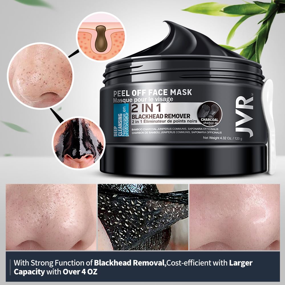 JVR Peel Off Face Mask, Blackhead Remover Mask for Men, Charcoal Peel Off Black Mask, Facial Mask Purifying and Deep Cleansing for All Skin Types 4.23 OZ - Medaid International