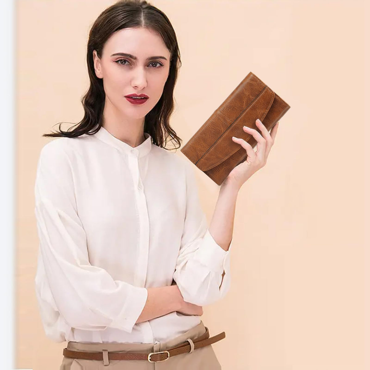 TERRIFI Leather Women's RFID Blocking Wallet - Long Clutch Bag with Multiple Card Slots, Large Capacity for Phone, Zipper Coin Pocket - Brown