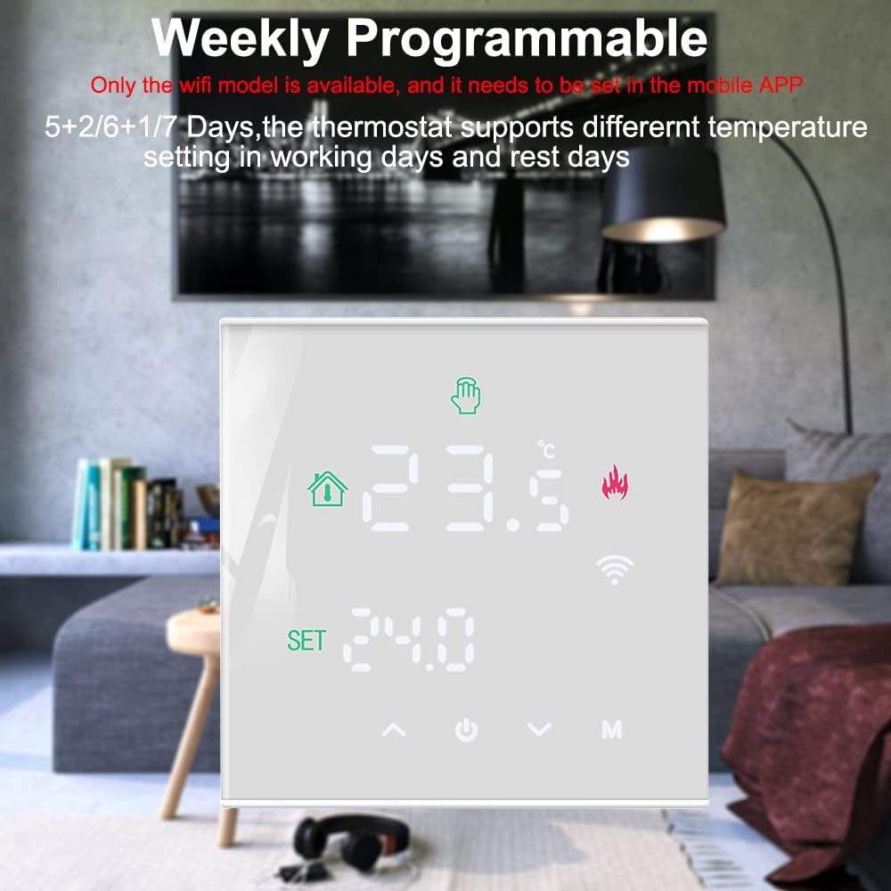 TERRIFI Smart Thermostat, Programmable Temperature Controller, Support WiFi connection and touch screen, for Electric Heating/Gas Boiler, Save Energy and Costs (White)