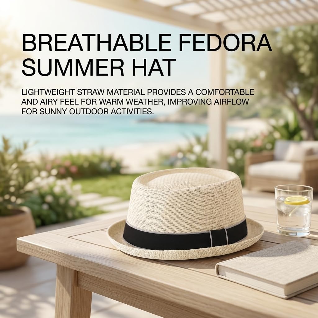 TERRIFI Sun Straw Fedora Hat, Breathable Wide Brim Roll Up Curly Straw Hat Casual Jazz Cap, Lightweight Comfort, Summer Outdoor Travel Beach Hat for Seasonal Wear Everyday Men Women