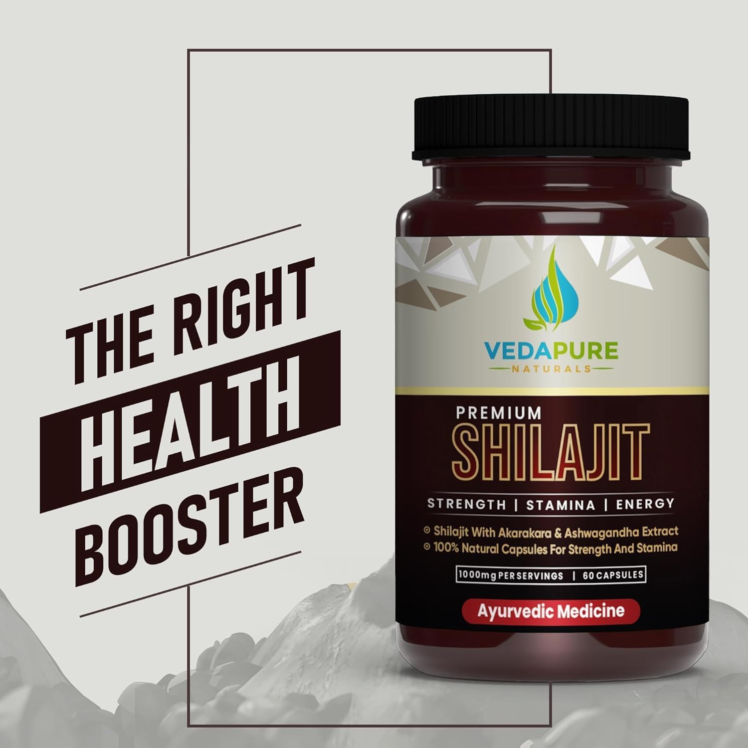 Vedapure Natural Shilajit/Shilajeet with Safed Musli & Ashwagandha Extracts - 1000mg 60 Capsules - Medaid International