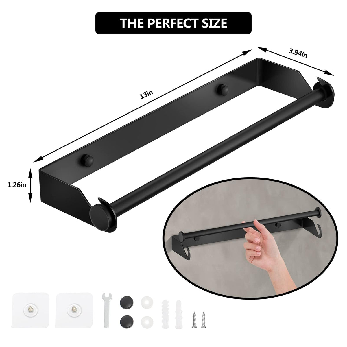 TERRIFI Paper Towel Holder Under Cabinet for Kitchen, Wall Mount Paper Towel Holder Self-Adhesive or Drilling, Paper Roll Holder Paper Towel Rack for Kitchen, Bathroom, Pantry, Sink, Black