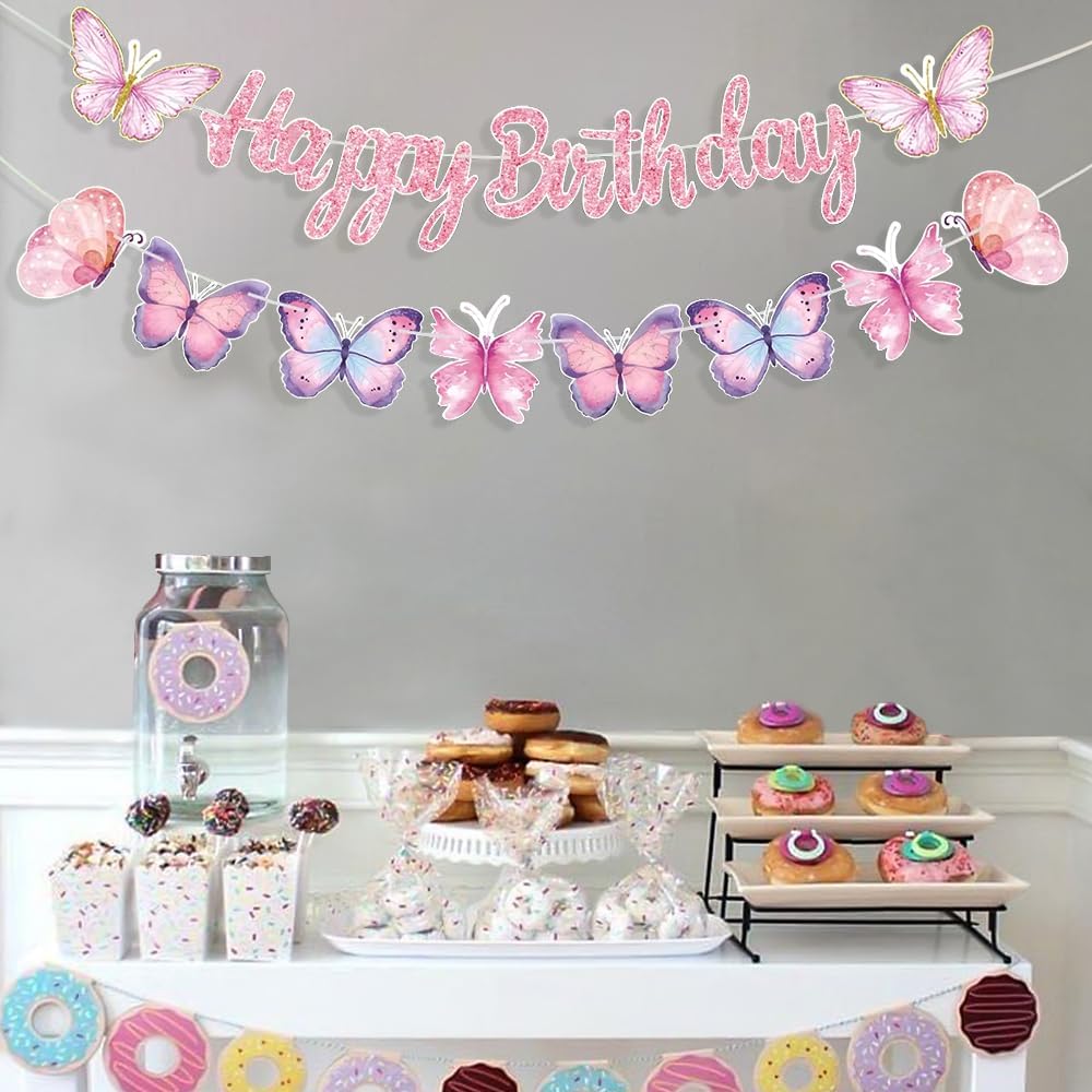 KASTWAVE Pink Butterfly Birthday Banner, 2 Pcs Birthday Party Decorations Set with Pre Strung Glitter Happy Birthday Banner, Butterfly String, Fade Resistant Butterflies Theme Party Supplies